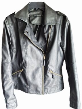 Tanming Women's Black Faux Leather Moto Biker Jacket Brushed Gold Accents